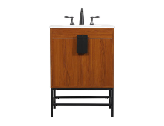 Elegant Decor Home Furnishing 24-in Teak Undermount Single Sink Bathroom Vanity with Ivory White Engineered Marble Top