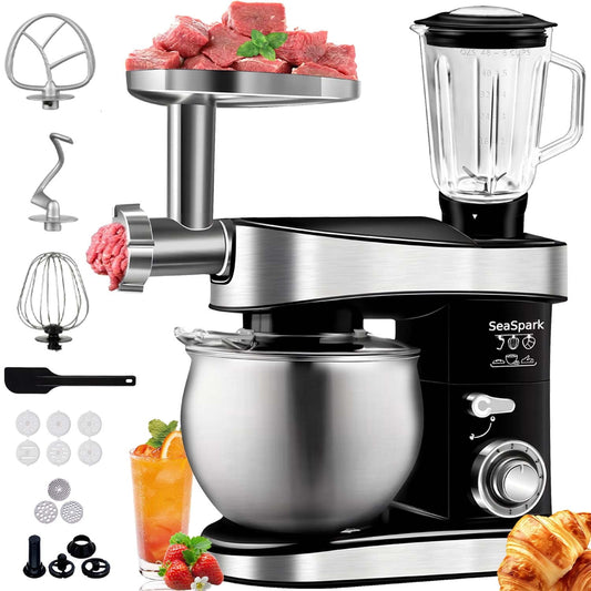 5-in-1 Stand Mixer With 6 Quart Stainless Steel Bowl and 1.5L Blender, 400W Electric Mixer, Juicer, Meat grinder, 6 Speed, Black