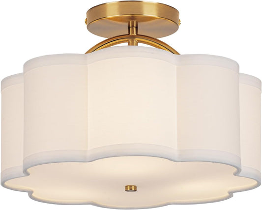 CALOKES Semi Flush Mount Ceiling Light, 11.8" Modern 3-Light Fixture with Petal-Shaped Cream White Fabric Shade and Golden Support Arm, Ideal for Bedroom, Kitchen, Living Room, Hallway, and Entryway