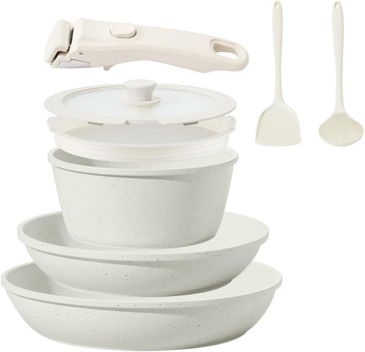 BECIGAR 8PCS Ceramic Cookware,Nonstick Ceramic Pan, Removable Handle Pots and Pans Set, Stackable Pan Set, Nonstick Pots and Pans Set Non Stick pot for Home,RV