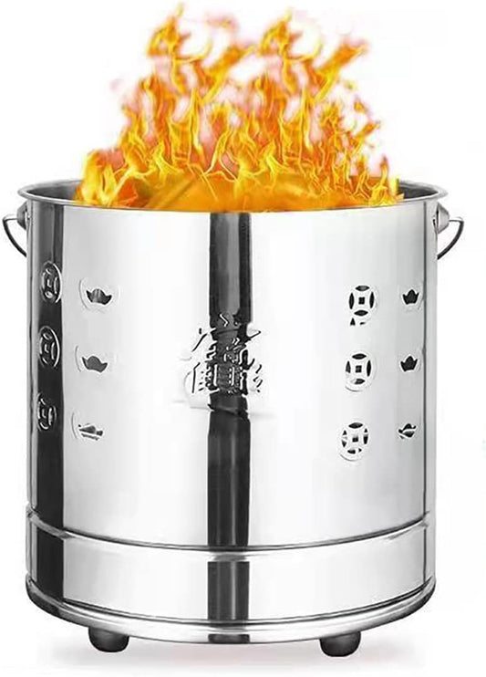Garden Incinerator Burning Fire Bin Paper Burning Barrel Stainless Steel Incinerator Burn Barrel Including Grid Frame, fire Hook, Liner (Color : Silver, Size : 42.5CM)
