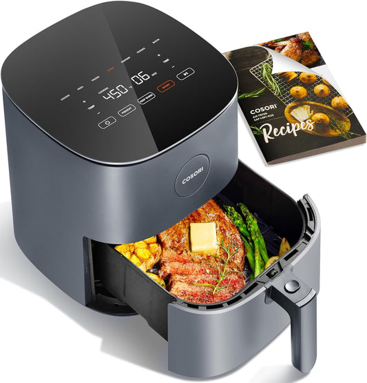 5QT Compact Air Fryer with 450? High-Temp Cooking, Fast Gourmet Results, Easy-Wipe Glass Panel, Nonstick Dishwasher-Safe Basket, 130+ Smart Recipes & Nutrition Guide