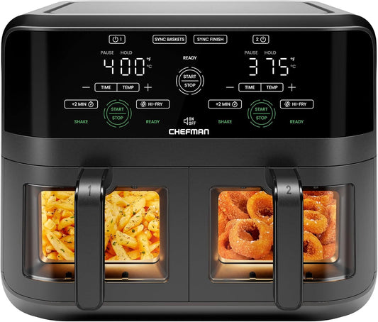 6 Quart Dual Basket Air Fryer Oven with Easy View Windows, Sync Finish, Hi-Fry, Auto Shutoff, 2 Independent 3Qt Nonstick Dishwasher Safe Frying Baskets, Digital Double Air Fryer - Black