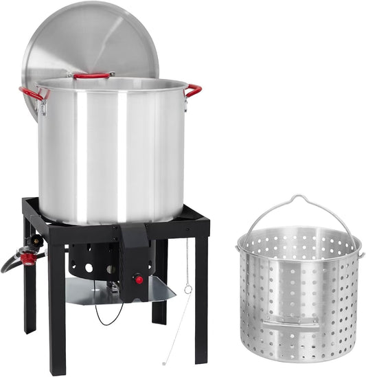 60 Qt Seafood Boiling Kit with Strainer, Outdoor Seafood Boil Pot and Basket with 110,000 BTUs Propane Jet Burner & Lifting Hook, 10 PSI Regulator