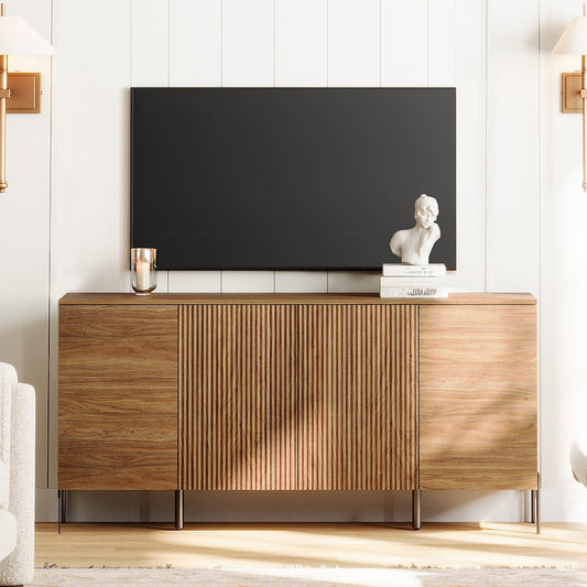 61" Modern TV Stand With Storage, Reeded Entertainment Center, Wooden TV Console With 4 Doors For Living Room