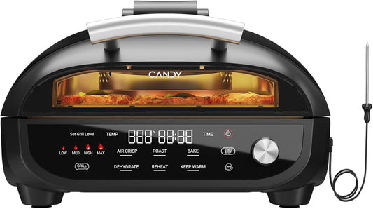 CANDY Indoor Grill and Air Fryer Combo with Ceramic Accessories, 7-IN-1 Digital Display, 5.2 QT Electric Smokeless, 500°F Max, Large View Window, Roast, Bake & Dehydrate, Adjustable Temps, Easy Clean