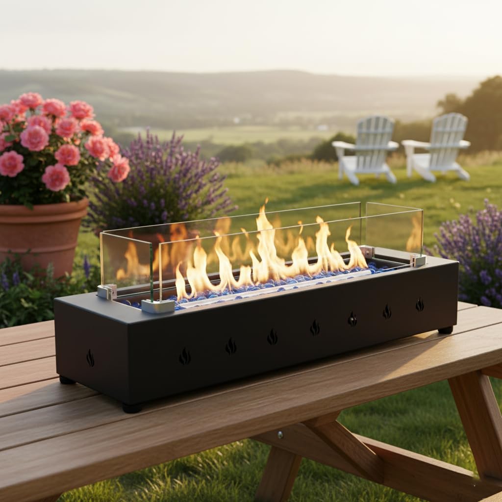 28" Rectangle Fire Pit, 40000BTU Outdoor Propane Fire Pit,Wind-Resistant Firepits,Durable Iron Stylish Volcanic Rock Design,Black