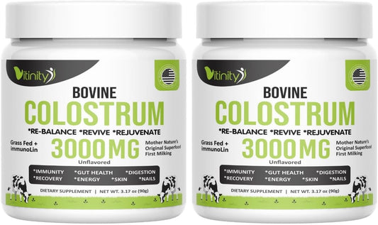 Grass Fed Bovine Colostrum Powder for Humans 3000 mg - Natural IgG Colostrum Supplement Gut Health, Immune Support, Muscle Recovery, Wellness | Pure Colostrum Superfood,Unflavored 2 Pack