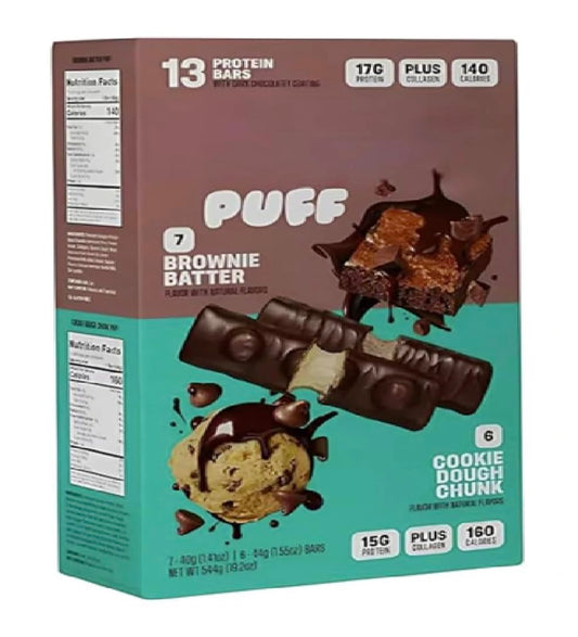 Puff Protein Bars,7 Brownie Batter, 6 Cookie Dough Chunk Flavor 17g Protein, Gluten Free, 19.2 oz 13 Variety Pack