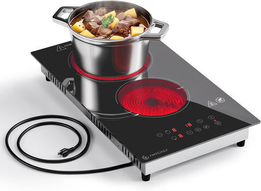 AMZCHEF 2-Burner-Electric-Cooktop-Electric-Stove, 12 inch Plug in Stove Top 110V-120V, 2 Burner Hot Plate with 1800W & 9 Power Levels, Residual Heat Indicator, Over-Temperature Protection