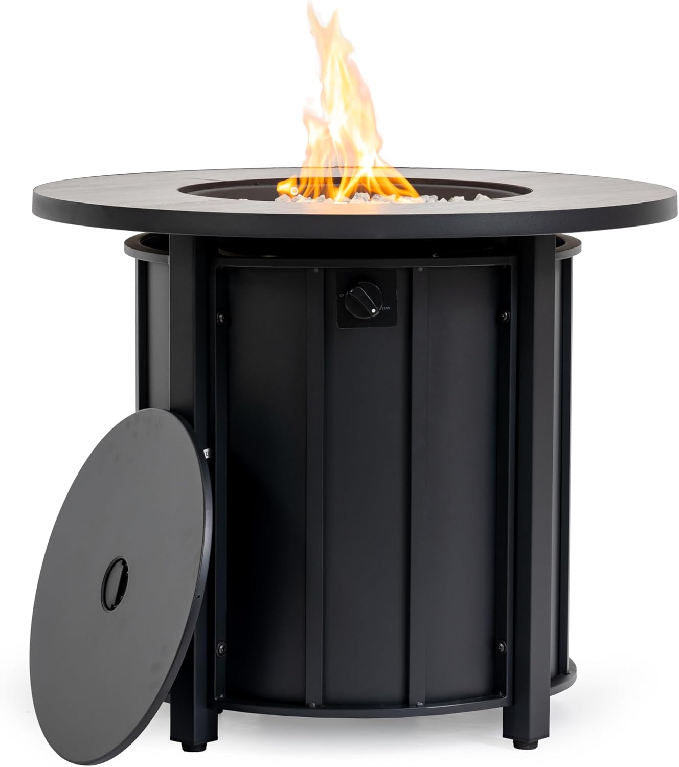 30" Round Propane Fire Pit Table, 50,000 BTU Outdoor Fire Pit with Wood Grain Ceramic Tabletop, Steel Patio Heater with Lid & Rain Cover for Deck, Backyard, Garden - Black