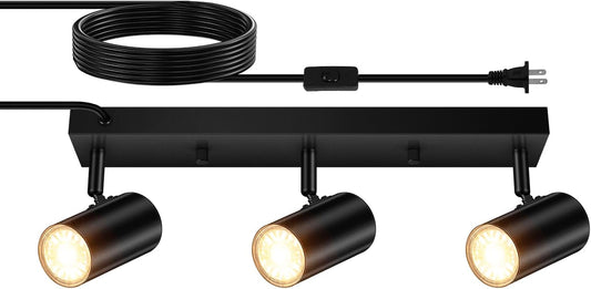 AUQUEE 3 Light Track Lighting Kit,Black 3 Way Modern Plug in Ceiling Spotlight,Industrial LED Wall Light for Kitchen Cabinet Gallery Bar Hallway Living Room,Rocker Switch,15 Foot Cord(No Bulb)