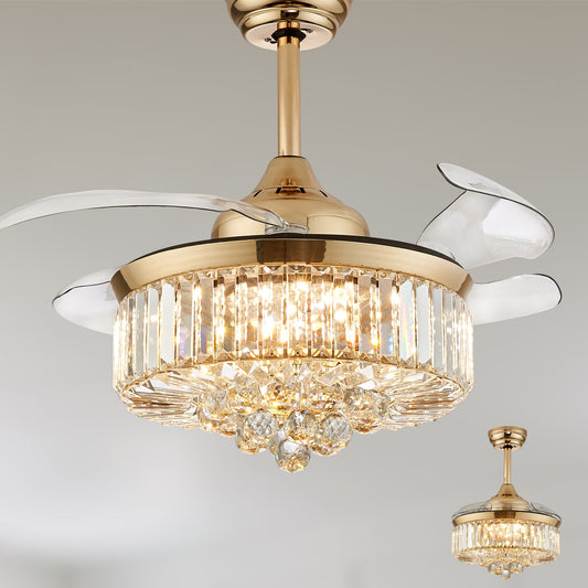 Antoine Retractable Crystal Integrated 36-in Low Profile Gold Modern with Clear Blades Color-changing Integrated LED Indoor Smart Fandelier Ceiling Fan with Light and Remote (4-Blade) LSBD-39