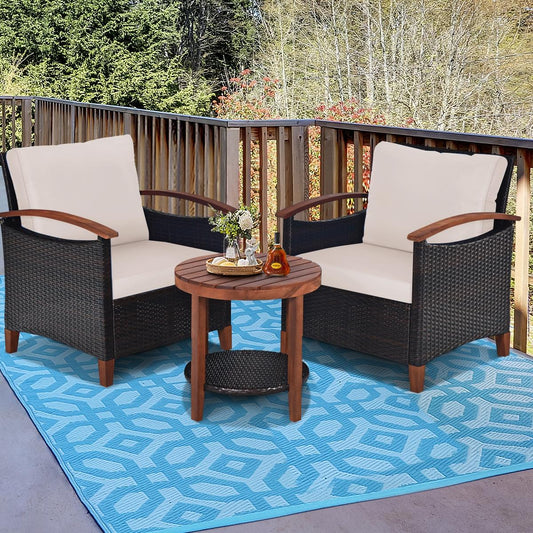 BABOOM 3 -Piece Rattan Patio Conversation Set with Off-white Cushions