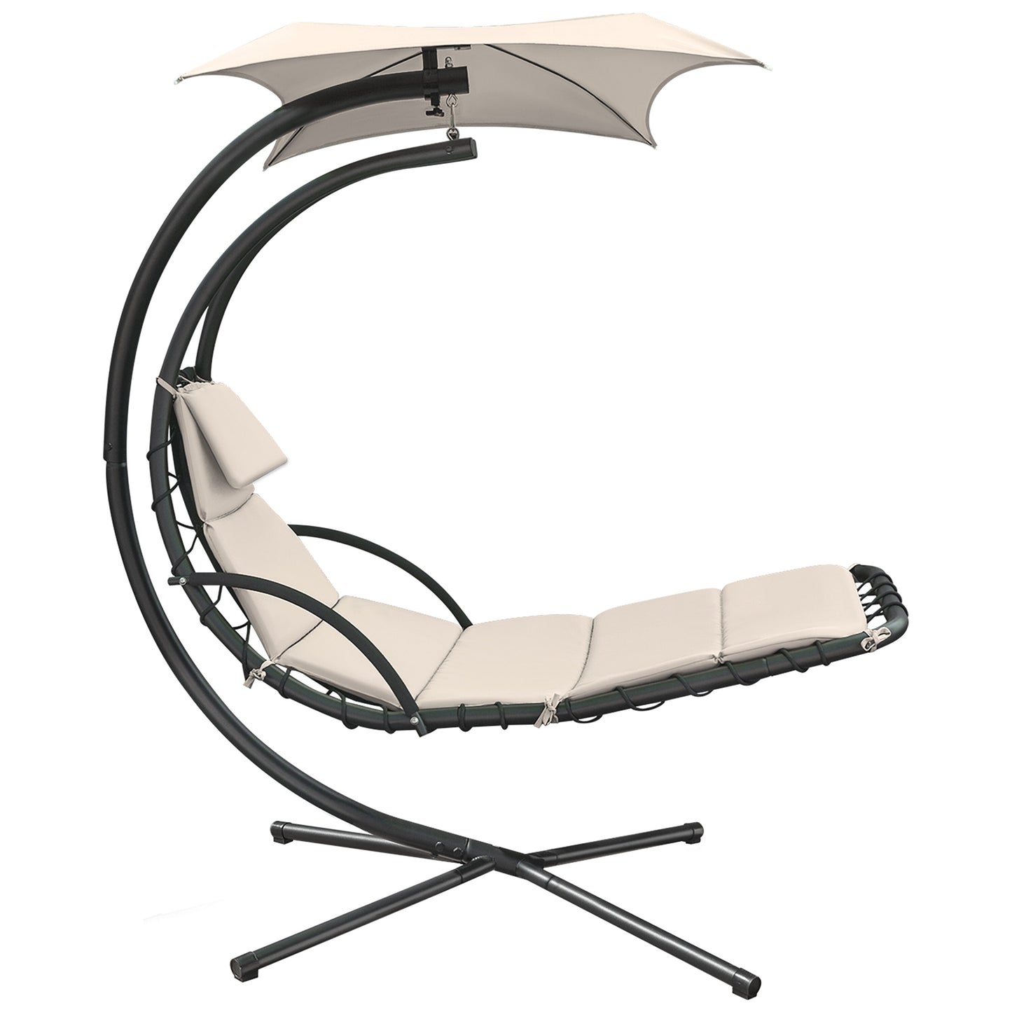 Vineego Hanging Chaise Lounger Black Metal Frame Hanging Chaise Lounge Chair with Off-white Cushioned Seat