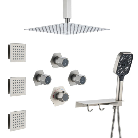 Mondawe Brushed Nickel 12-in Built-In ShowerÂ FaucetÂ System with 3-way Diverter ( Thermostatic Valve Included )