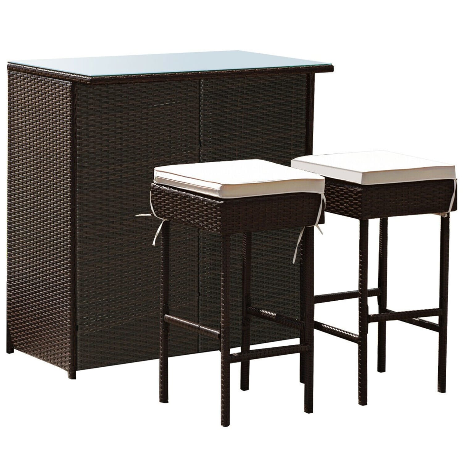 WELLFOR 3 -Piece Mix Brown Rattan Bar Height Patio Dining Set Rattan Rectangle Table with 2 Off-white Cushions Stationary Chairs