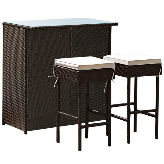 WELLFOR 3 -Piece Mix Brown Rattan Bar Height Patio Dining Set Rattan Rectangle Table with 2 Off-white Cushions Stationary Chairs