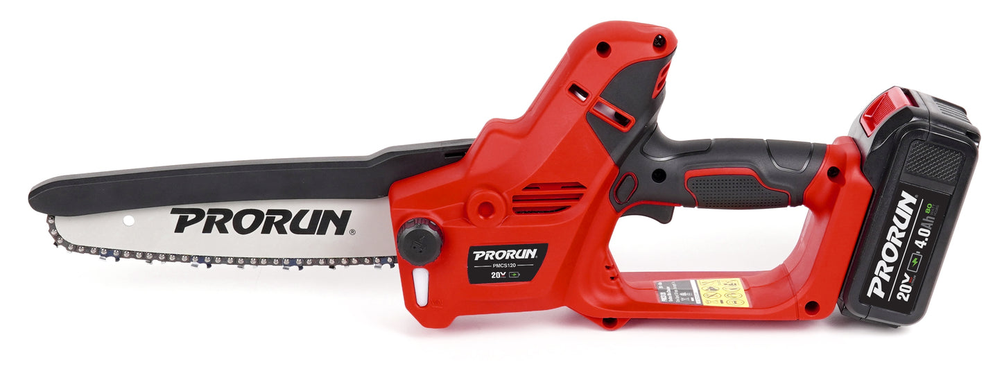 PRORUN PMCS120 20-volt Max 7-in Brushless Battery 20 Amp 4 Ah Chainsaw (Battery and Charger Included) PMCS120