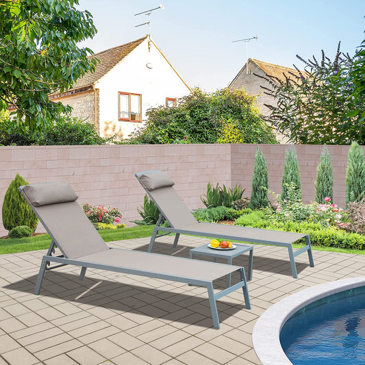 BANSA ROSE Patio Chair Stackable Beige Aluminum Frame Stationary Recliner Chair with White Cushioned Seat