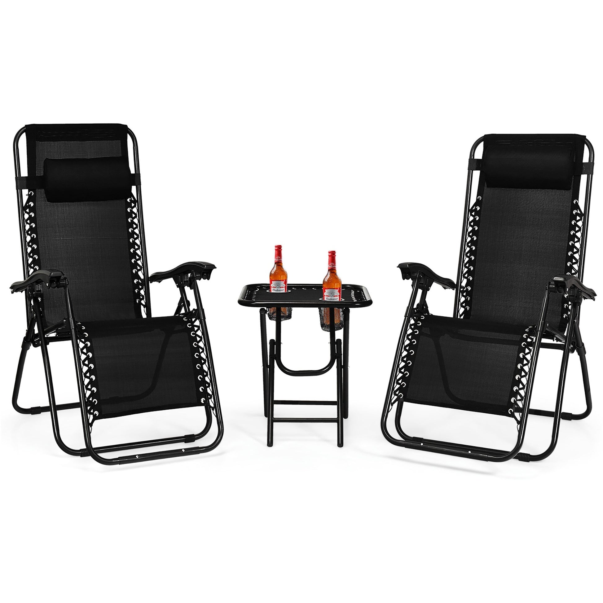 Clihome 3 Pieces Folding Portable Zero Gravity Reclining Lounge Chairs Table Set Set of 2 Black Steel Frame Stationary Beach Chair with Black Mesh Seat