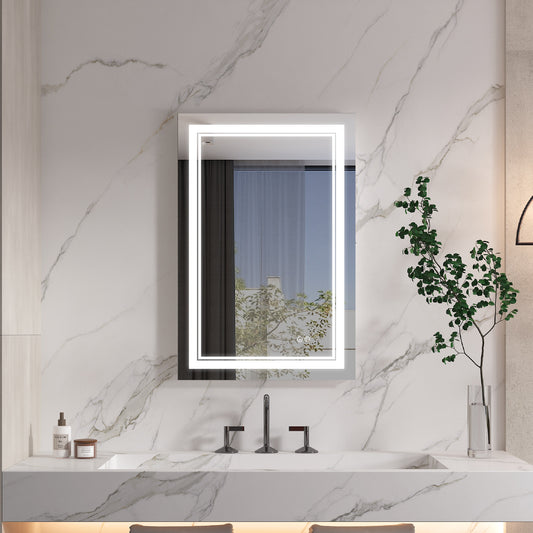 WELLFOR Nura LED Mirror 28-in x 36-in Polished Frameless Rectangle Dimmable LED Lighted Fog Free Bathroom Vanity Mirror ( Silver )