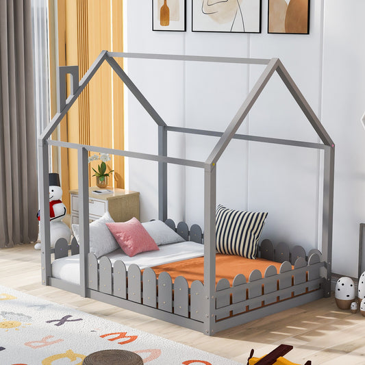 Qualler Gray Full Wood Low-profile Bed