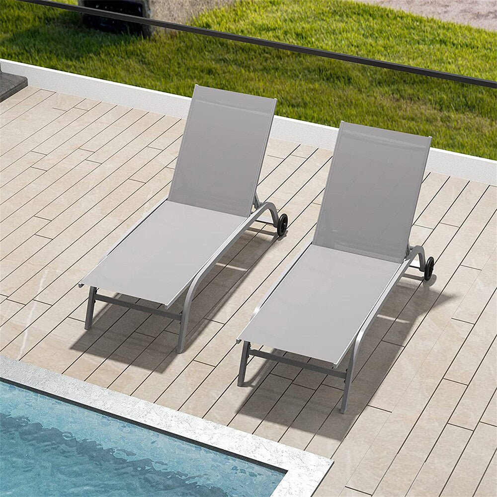Topcraft Set of 2 Stackable Gray Aluminum Frame Stationary Chaise Lounge Chair with Gray Mesh Seat