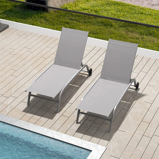 Topcraft Set of 2 Stackable Gray Aluminum Frame Stationary Chaise Lounge Chair with Gray Mesh Seat