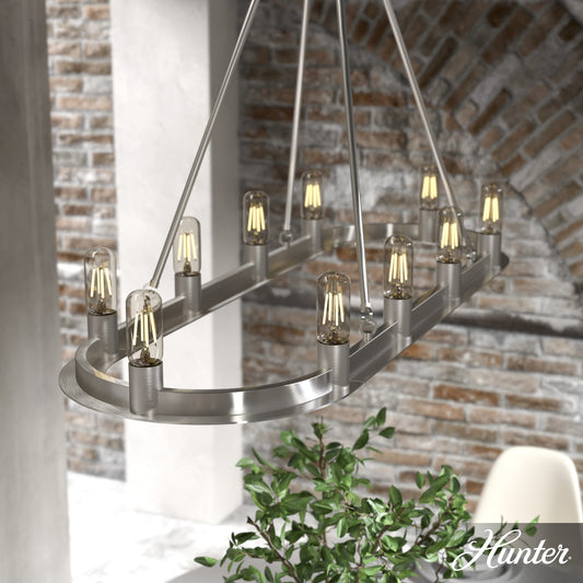 Hunter Saddlewood 10 -Light Brushed Nickel Transitional Bare bulb For Use in Bedrooms, Dining Rooms, Foyers, Kitchens, Living Rooms Chandelier