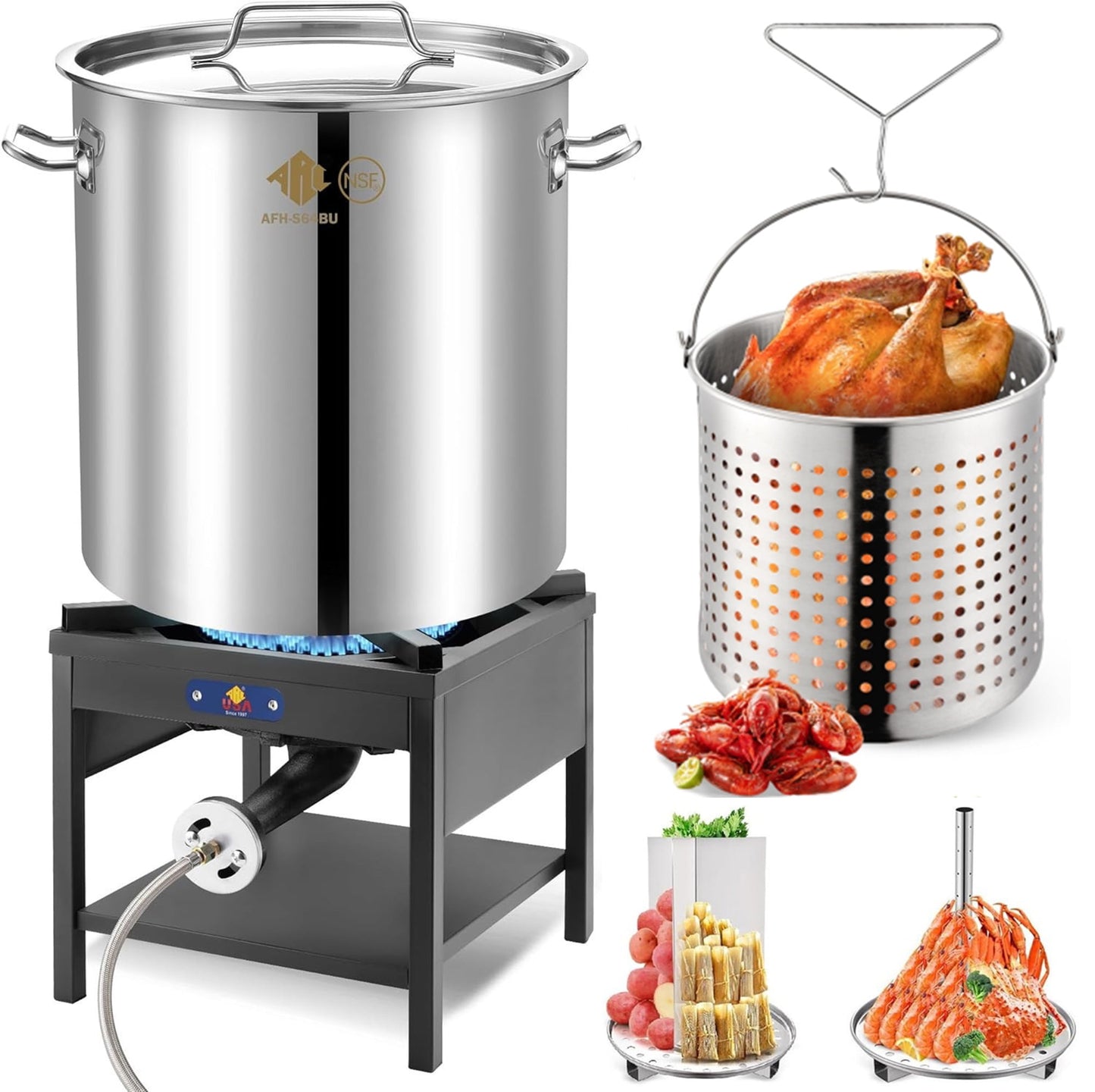 64QT Stainless Steel Pot with 200,000BTU Propane Fryer, Seafood Boil Pot, Crab Boil Pot, Lobster Pot, Shrimp Boil Pot, Tamale Steamer Pot with Basket and Turkey Fryer Burner