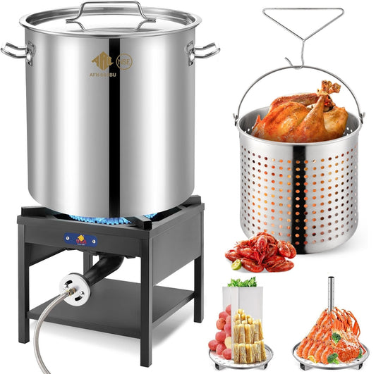64QT Stainless Steel Pot with 200,000BTU Propane Fryer, Seafood Boil Pot, Crab Boil Pot, Lobster Pot, Shrimp Boil Pot, Tamale Steamer Pot with Basket and Turkey Fryer Burner