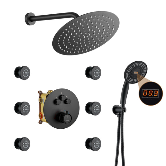 CASAINC Luxury LED Digital Display Thermostatic Shower Faucet System Matte Black 12-in Built-In ShowerÂ FaucetÂ System with 3-way Diverter ( Thermostatic Valve Included )