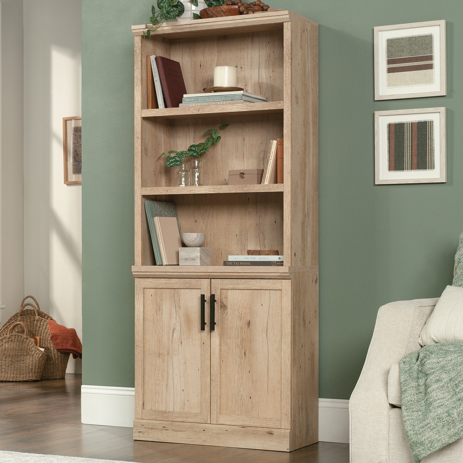 Sauder Prime Oak Particleboard 4 -Shelf Bookcase with Doors ( 29.291-in W x 70.866-in H x 12.52-in D ) Finished