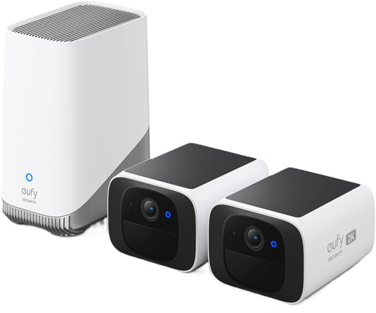 eufy Security - SoloCam S220, 2 Indoor/Outdoor Wireless 2K Solar Powered Security Cameras with 16GB Homebase 3 - White
