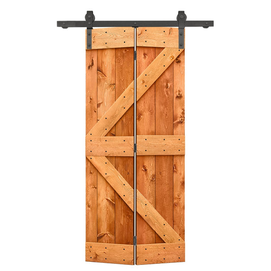 CALHOME 38-in x 84-in Red Walnut K-frame Pine Wood Solid core Single bifold Barn Door (Hardware Included)