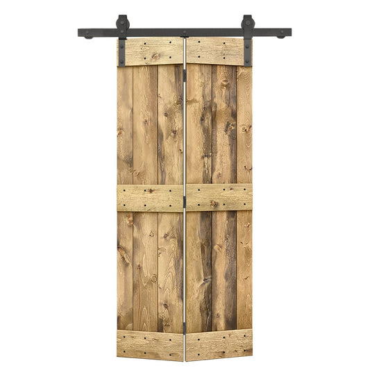 CALHOME 36-in x 84-in Weather Oak Mid-Bar Pine Wood Solid core Single bifold Barn Door (Hardware Included)