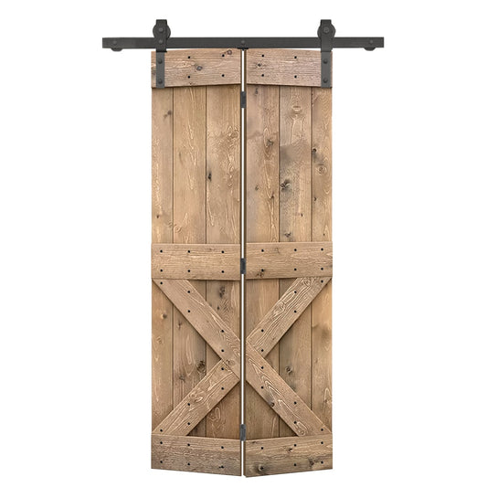 CALHOME 30-in x 84-in Light Brown X-frame Pine Wood Solid core Single bifold Barn Door (Hardware Included)