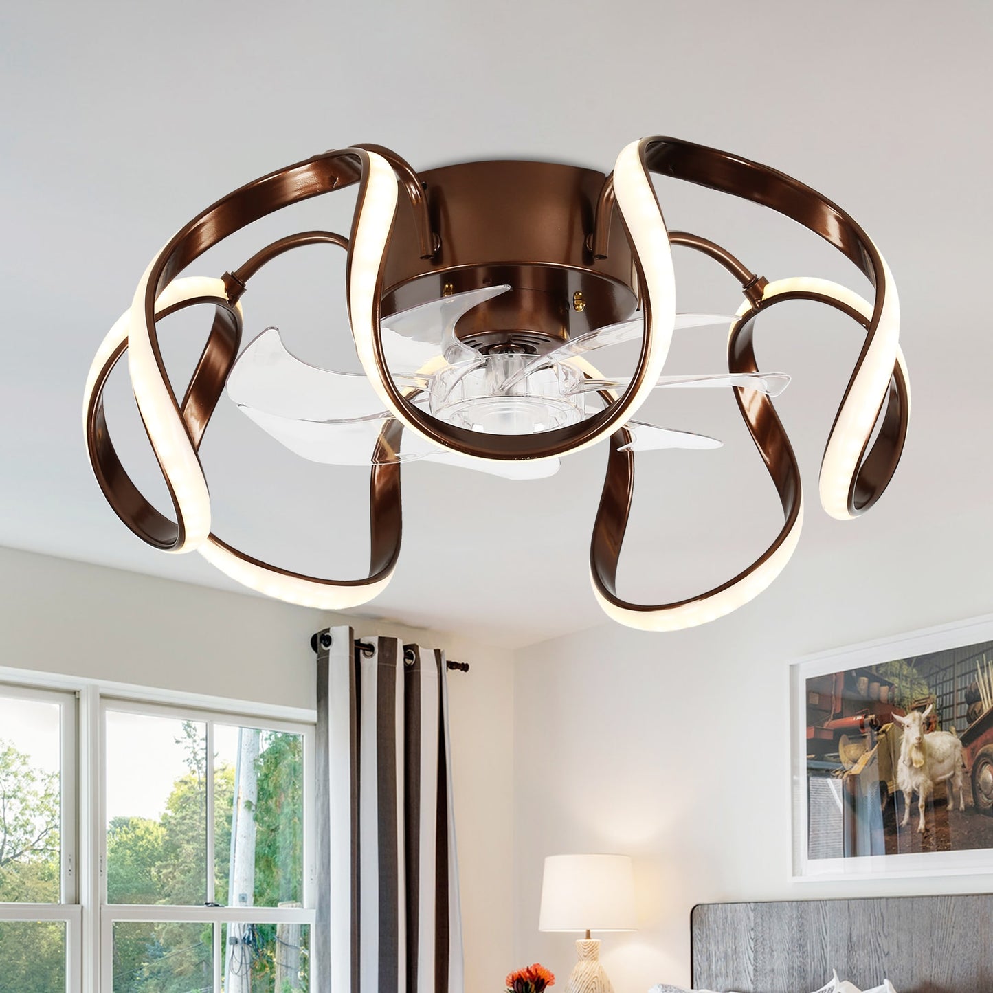 Bella Depot Low Profile 19-in Coffee with Clear Blades Color-changing Integrated LED Indoor Flush Mount Smart Fandelier Ceiling Fan with Light and Remote (7-Blade) DC2013-K