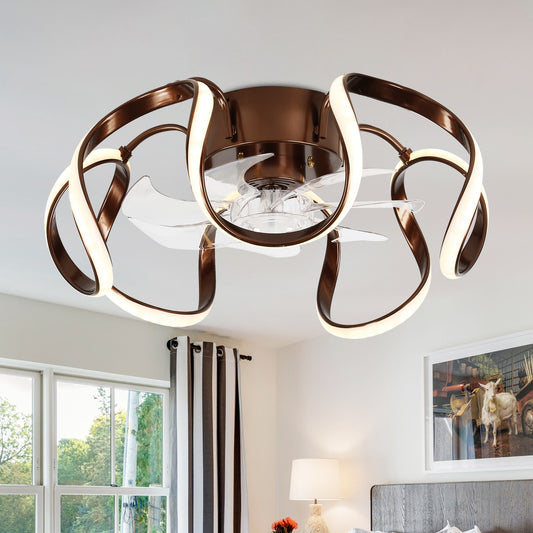 Bella Depot Low Profile 19-in Coffee with Clear Blades Color-changing Integrated LED Indoor Flush Mount Smart Fandelier Ceiling Fan with Light and Remote (7-Blade) DC2013-K