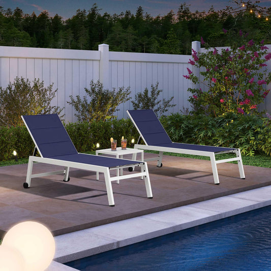 PURPLE LEAF Chaise lounge Set of 2 White Aluminum Frame Stationary Chaise Lounge Chair with Navy Cushioned Seat