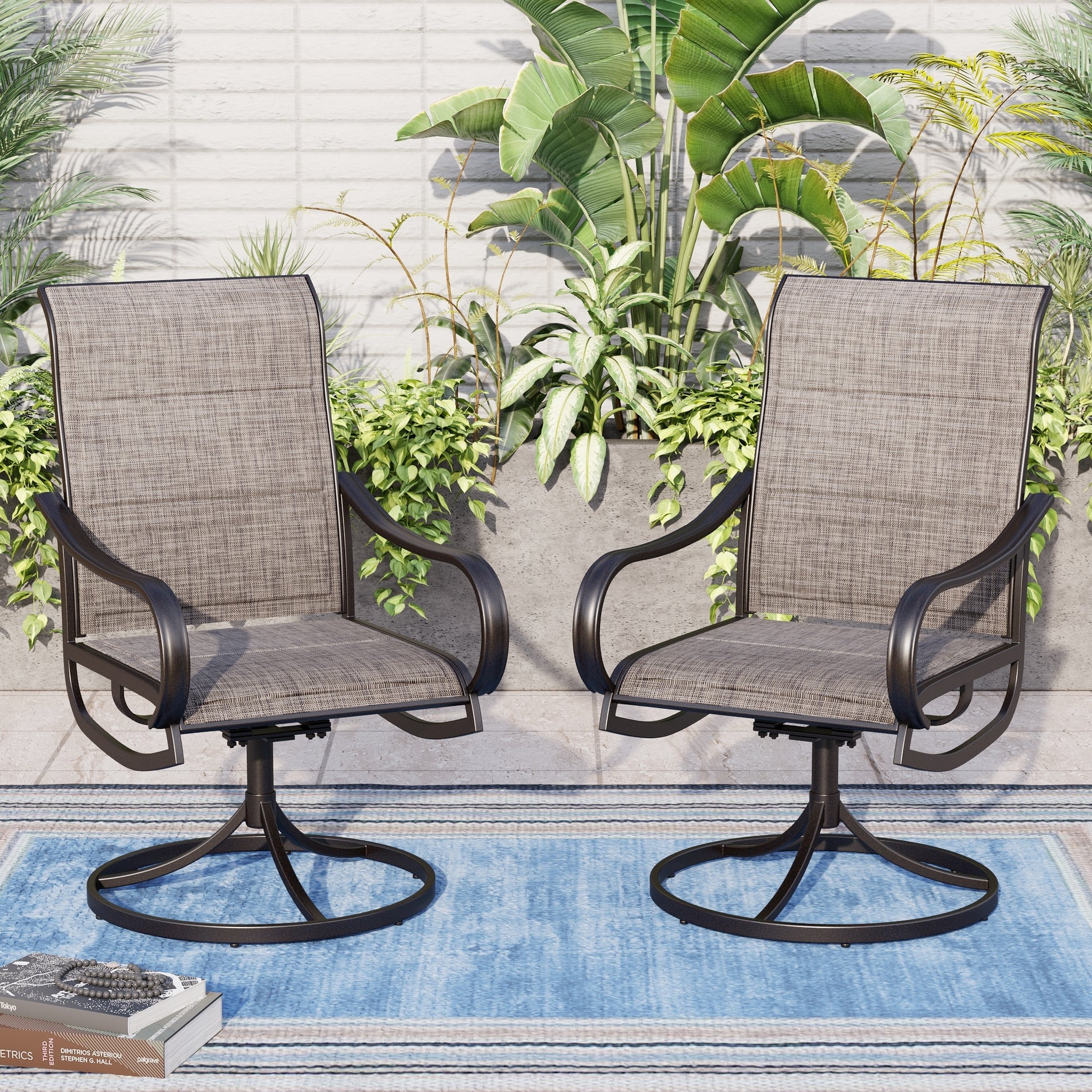Sunshine Valley Set of 2 Black Steel Frame Swivel Dining Chair with Gray Textilene Sling Seat