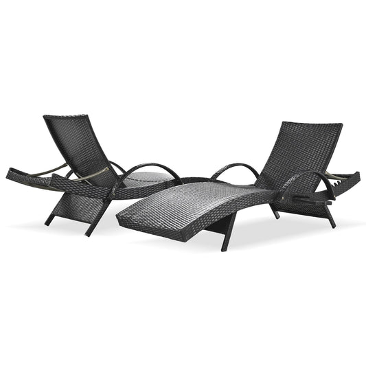 Bybafun Set of 2 Wicker Black Wicker Frame Stationary Chaise Lounge Chair with Black Solid Seat