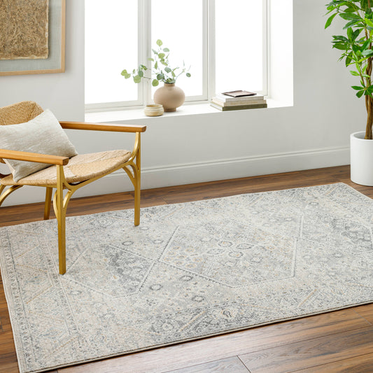 Livabliss Alpharetta 7 x 10 (ft) Loomed Light Beige, Medium Gray, Cream, Charcoal, Amber, Blue Rectangular Indoor Medallion Vintage Pet Friendly Area rug
