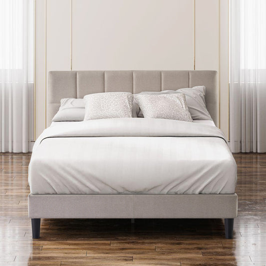 Zinus King Beige Metal Upholstered Bed with Headboard