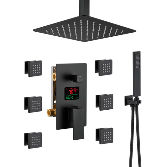 Clihome Matte Black 11.81-in Dual Head Built-In ShowerÂ FaucetÂ System with 3-way Diverter ( Pressure-balanced Valve Included )