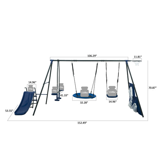 Runesay Kids Play Center Residential Metal Playset with 2 Swings and Slide Included