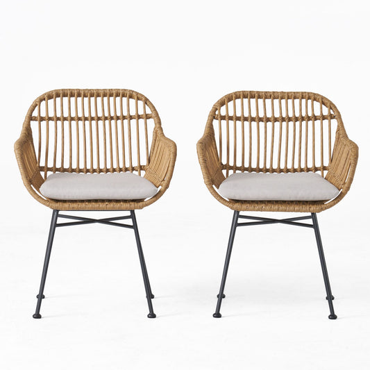 Miki Shinly Patio Chair Set of 2 Woven Polished Black Steel Frame Stationary Egg Chair with Black Woven Seat