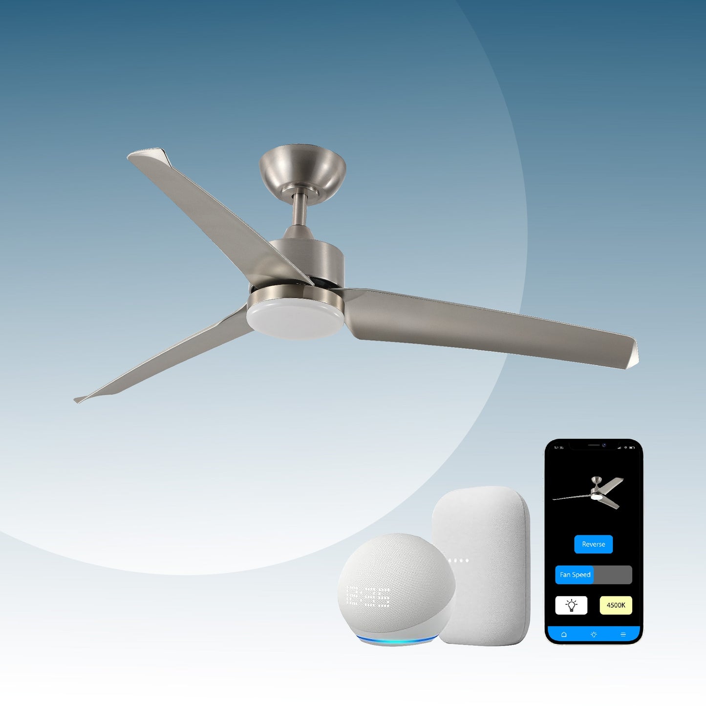 Promounts 52-in Silver with Satin Nickel Blades Color-changing Indoor Smart Propeller Ceiling Fan with Light (3-Blade) OHCF03-MT