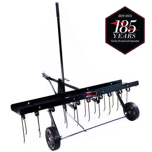 Brinly 40-Inch Tow-Behind Dethatcher with Adjustable Tine Depth and Replaceable Tines, Steel Frame, Pneumatic Wheels DT2-40BH-G